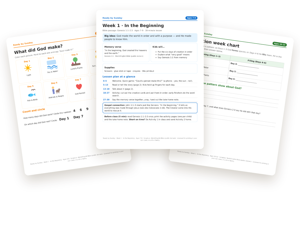Printable lesson pages: teacher plan and activity pages for different ages