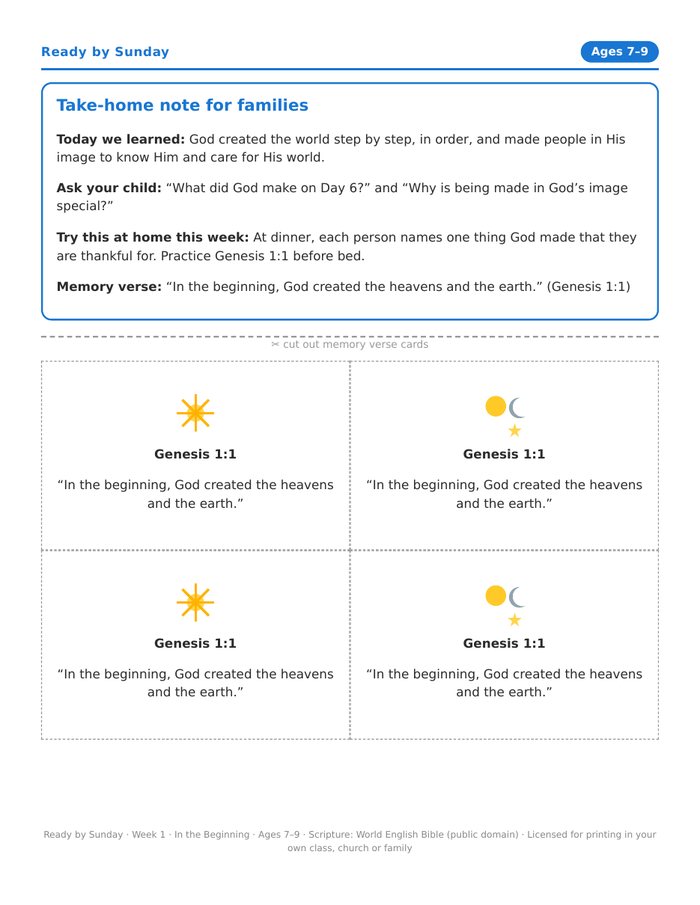 Take-home note and memory verse cards